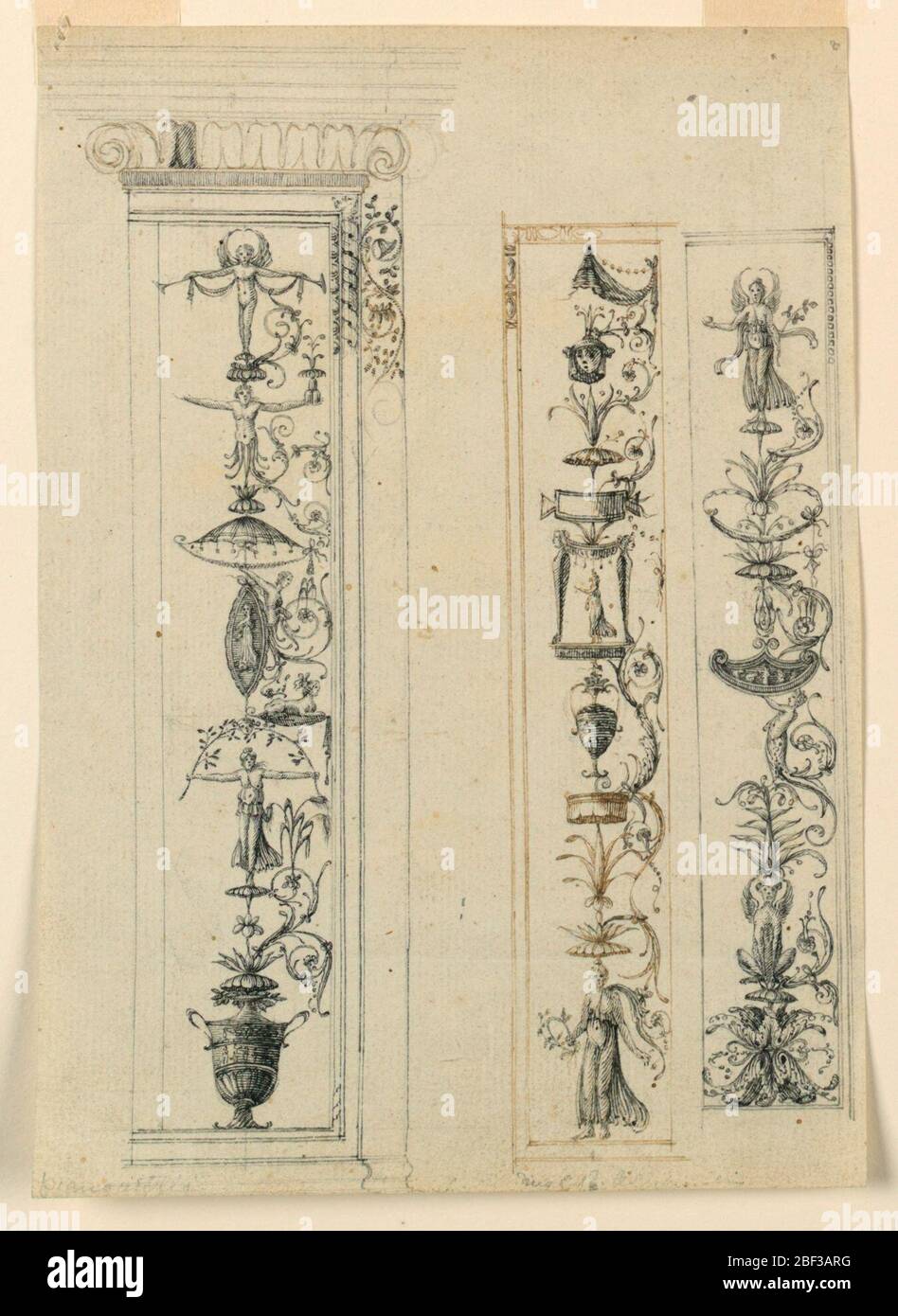Disegni di candelabrum. Tre disegni a lume di candela verticali, ciascuno legato all'interno di una cornice parzialmente dettagliata. Foto Stock
