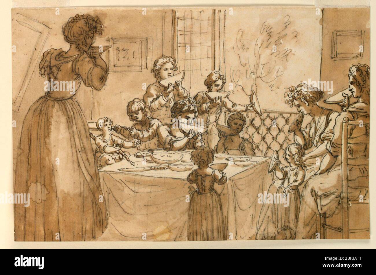 Famiglia mangiare Meloni. In una stanza con la finestra aperta in un paesaggio, raccolti intorno ad un tavolo da pranzo, sono due donne sedute, una ragazza adulta, e otto bambini che mangiano meloni. Foto Stock