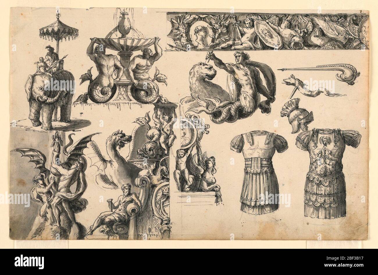 Motivi decorativi tre disegni per fontane. Rettangolo orizzontale con disegni multipli per fontane e decorazioni. Fila sinistra: Sopra, un elefante guidato da una nobile persona ombreggiata sotto un ombrello. Sotto, una fontana sulla quale due ragazzi stanno lottando contro un drago, dalla cui bocca l'acqua scaturisce. Foto Stock