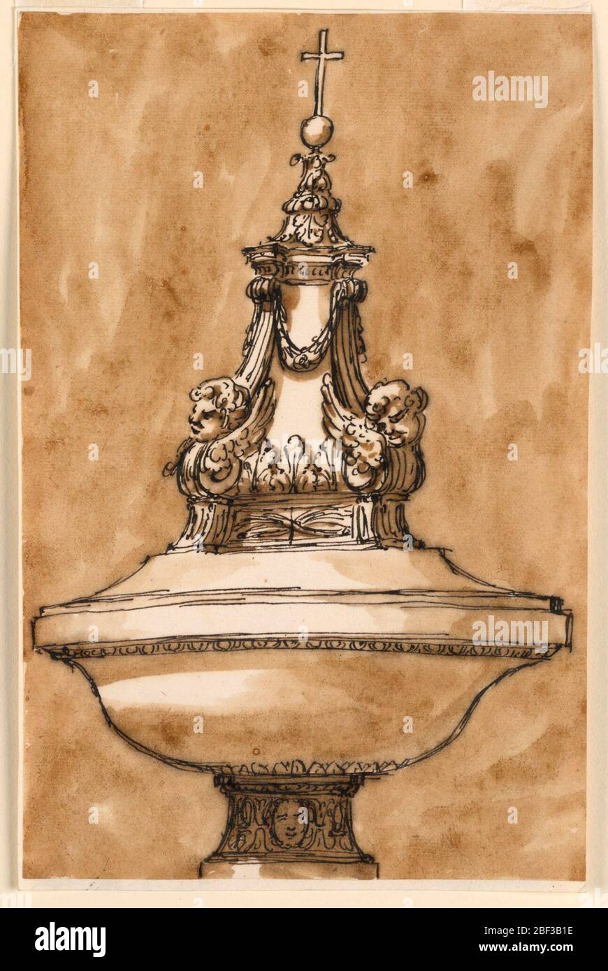 Fonte battesimale. Disegno di un elemento architettonico decorativo, costituito da una coppa a doppia convessa su un piede con una maschera scolpita, che sostiene una disposizione piramidale di una forma a frontone sotto acanto, teste di cherubino alato, e ghirlande, sotto l'orbo e la croce finiali. Foto Stock