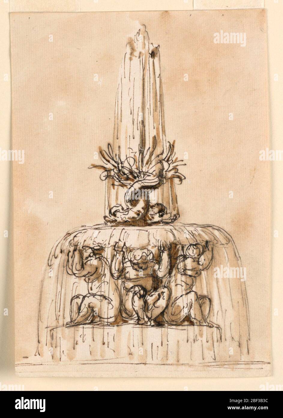 Disegno per una fontana. Quattro putti si siedono su un piedistallo circolare, sostenendo il bacino superiore sulle loro teste e mani sollevate. Due delfini con code sollevate e intrecciate sono al centro se il bacino superiore. Foto Stock