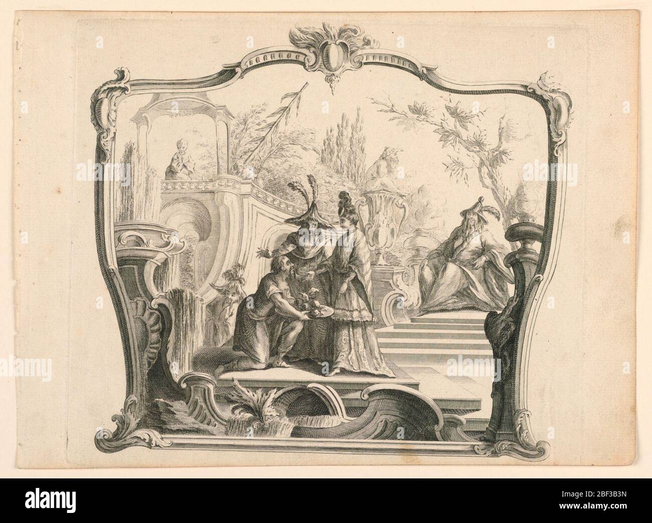 Soggetto Cine schermo o sovraporta. All'interno di una cornice irregolare, una figura cinese rende omaggio ad una famiglia mandarina in un giardino con archtiecture simile a quella di la Joue. Foto Stock