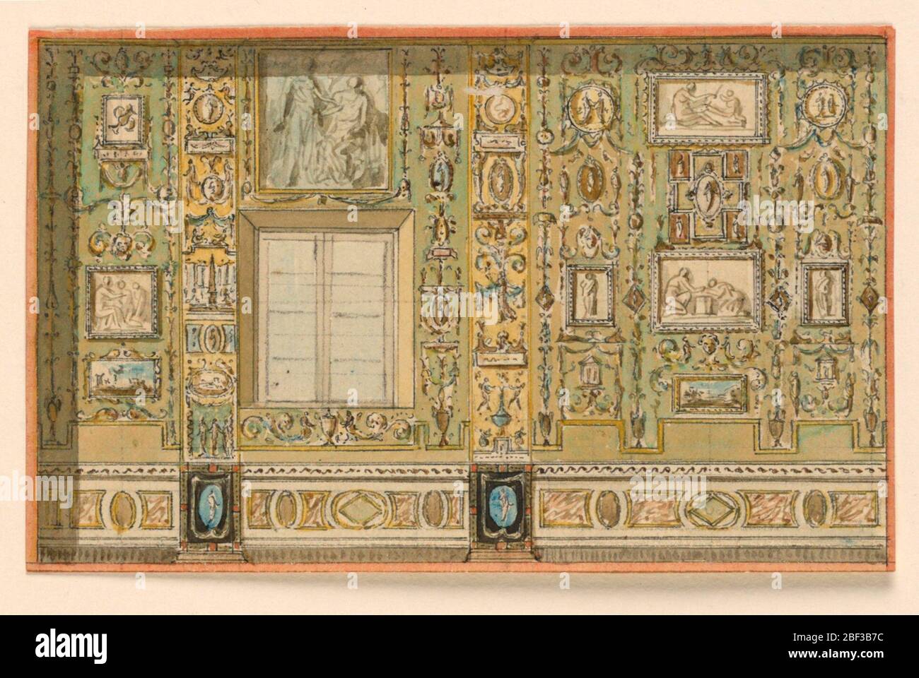 Design per una parete di salone. Nel secondo pannello è presente un pannello di parete separato da un pilaster e una finestra. Foto Stock