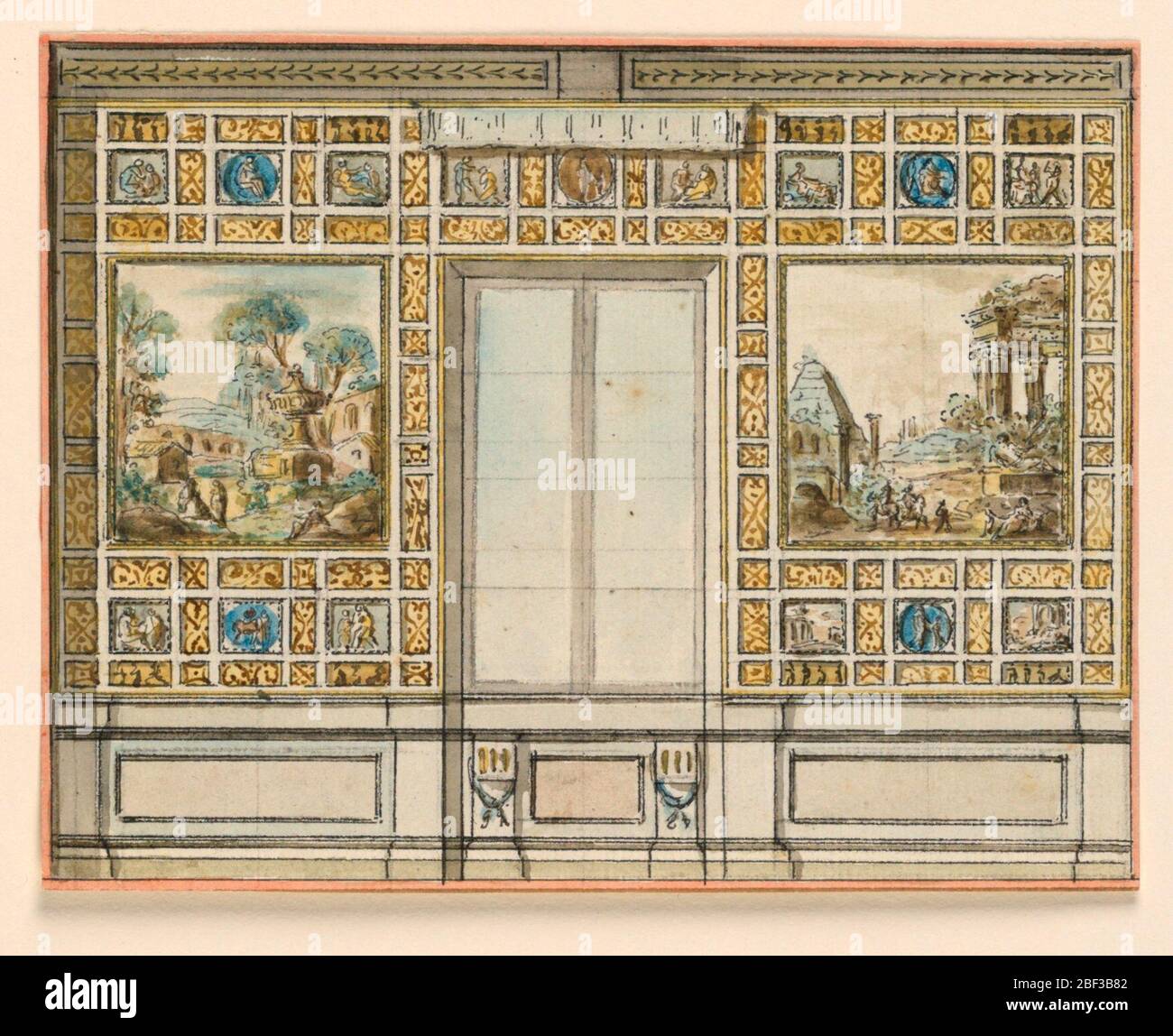 Design per una parete da camera. La finestra è affiancata da pannelli che contengono paesaggi dipinti, delimitati da compartimenti rettangolari recanti decorazioni ornamentali. Il dado è stato lasciato senza ornamenti. Foto Stock