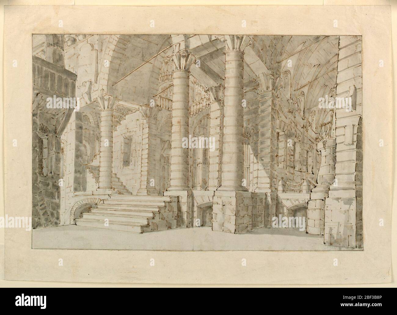Scenografia interno di una prigione. Rettangolo orizzontale. Prigione con alte volte, ponte al centro che conduce all'interno dell'edificio. Forte contrasto tra tonalità scure e chiare di colorazione. Foto Stock