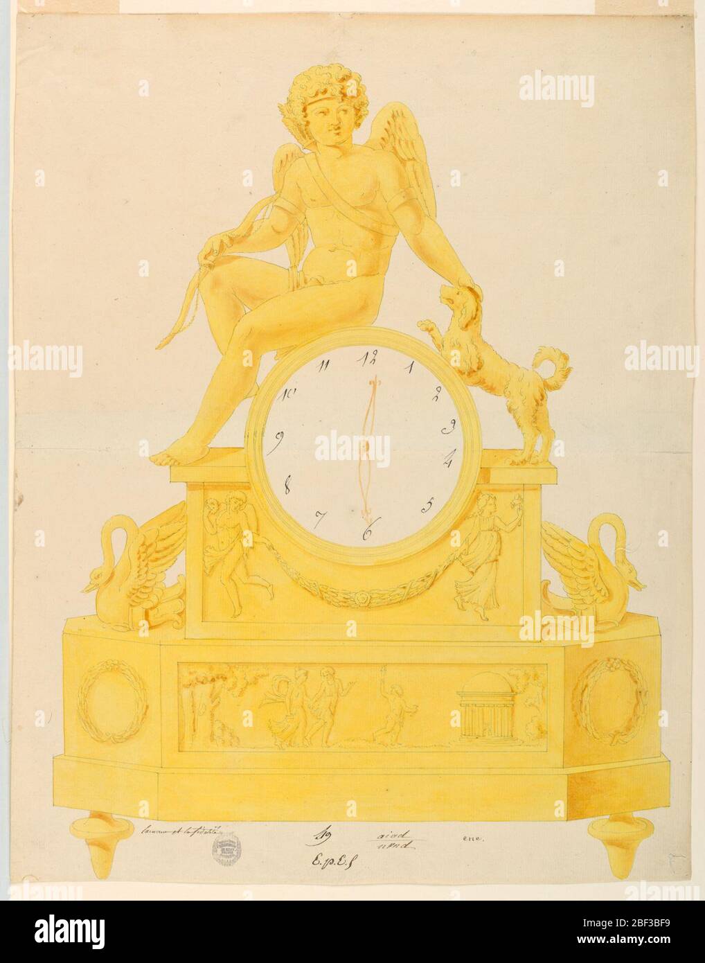 Design per orologio. Base ottagonale, sostenuta da piedini rastremati. Il pannello frontale mostra una coppia che segue gli uomini per un tempio circolare. Il quadrante è affiancato da cigni di profilo. Cupid si siede sulla parte superiore del quadrante, accarezzando un cane. Foto Stock