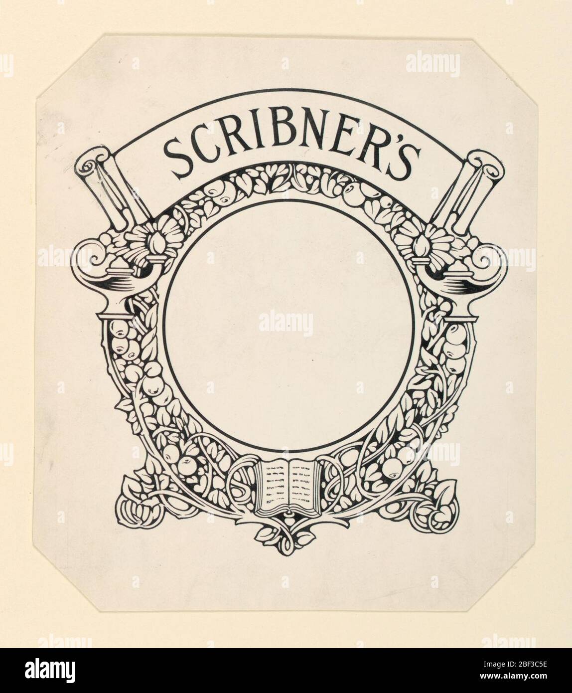 Scribers. Area circolare racchiusa nel bordo di frutta e foglie stilizzate. Sormontato da nastro recante il nome della ditta: 'Scribner's' Foto Stock