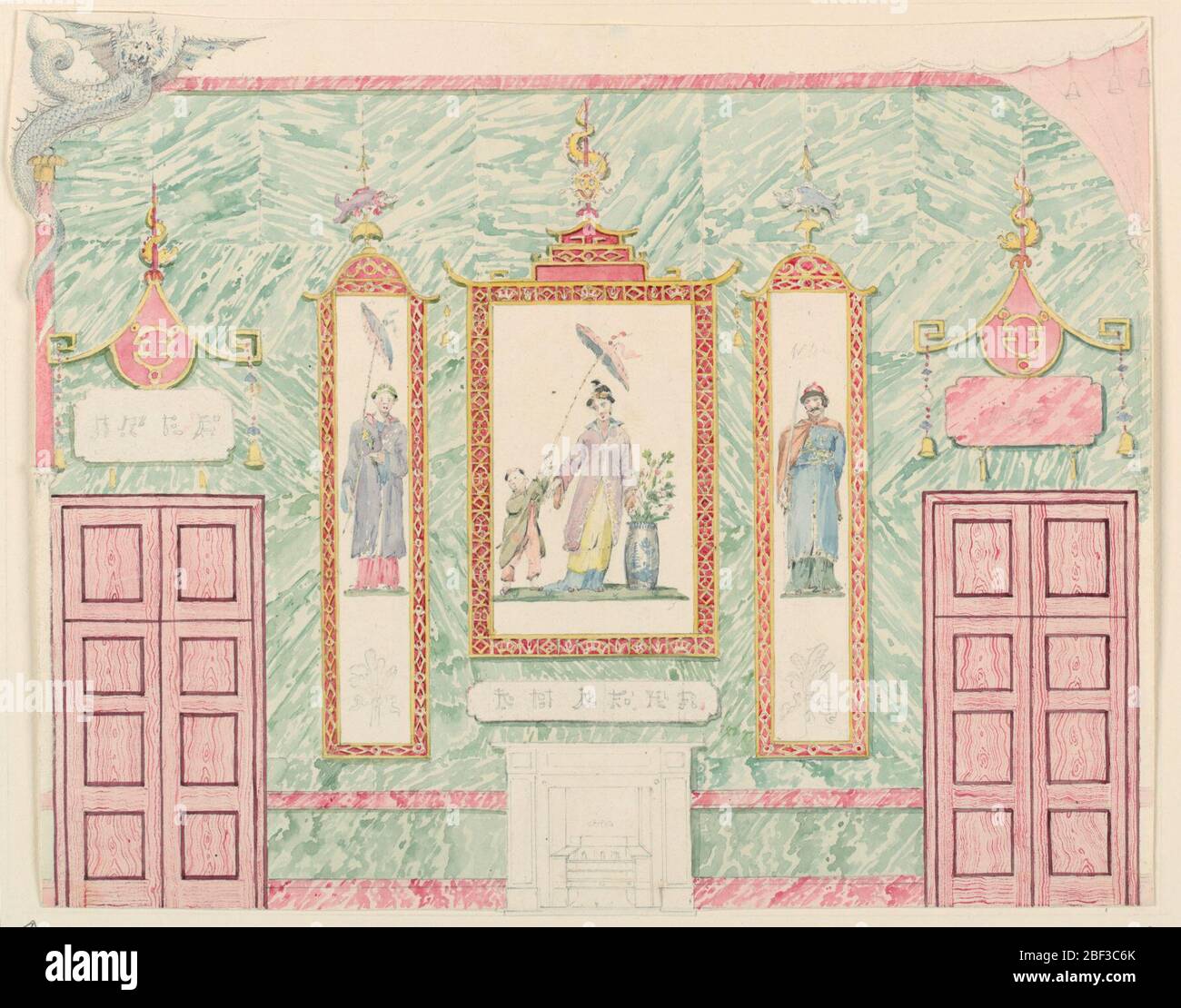 Altezza parete probabilmente per la Sala banqueting Royal Pavilion Brighton. Elevazione di un muro, con una mantelpiece al centro. Sul mantelpiece, e fiancheggiando, sono tre pannelli dipinti con figure cinesi, posti in cornici ornamentali su uno sfondo marbleizzato. Porte su entrambi i lati con dispositivi decorativi sopra di essi. Foto Stock