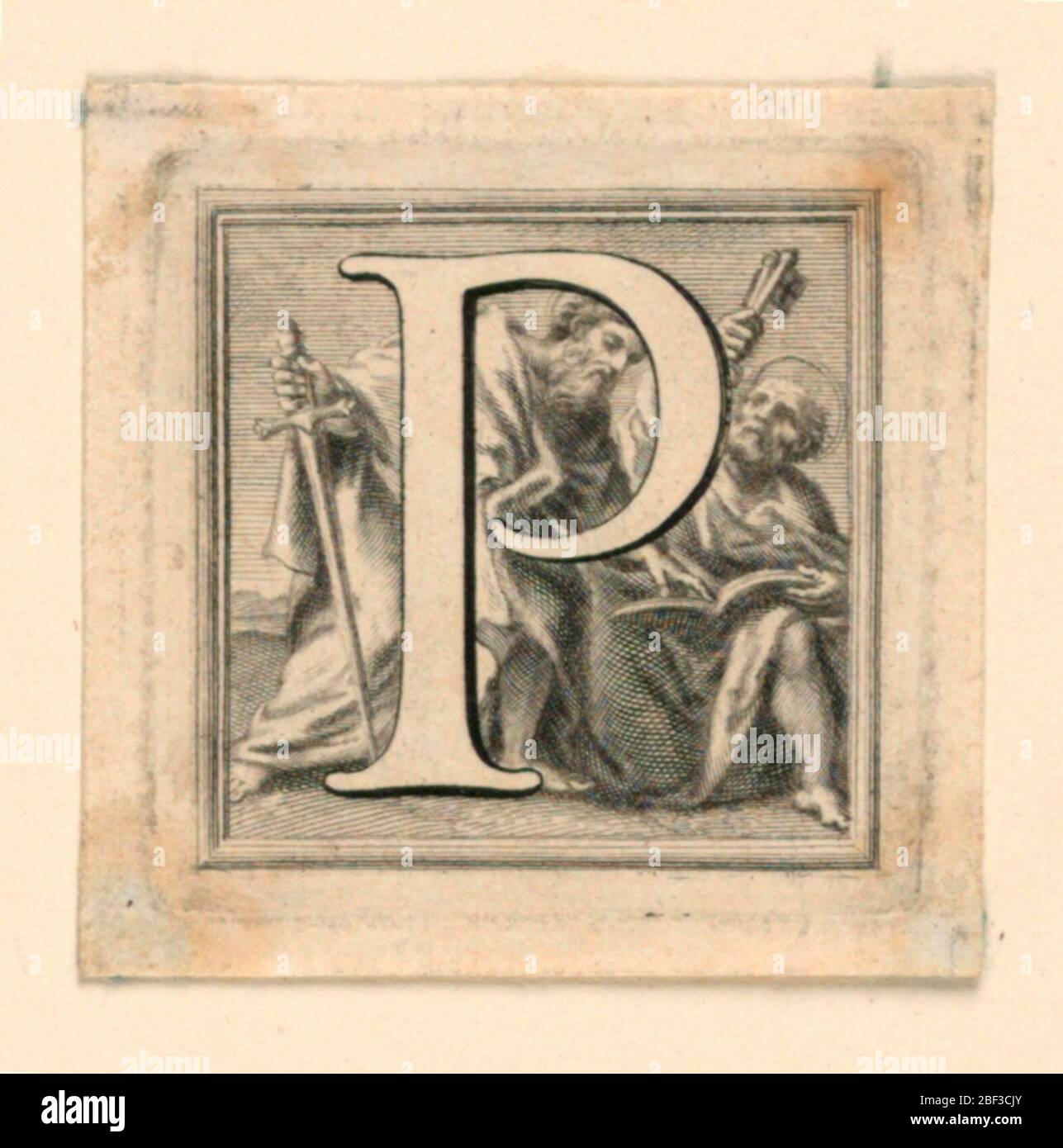 Lettera capitale decorata P. lettera P davanti a San Pietro e San Paolo. Foto Stock