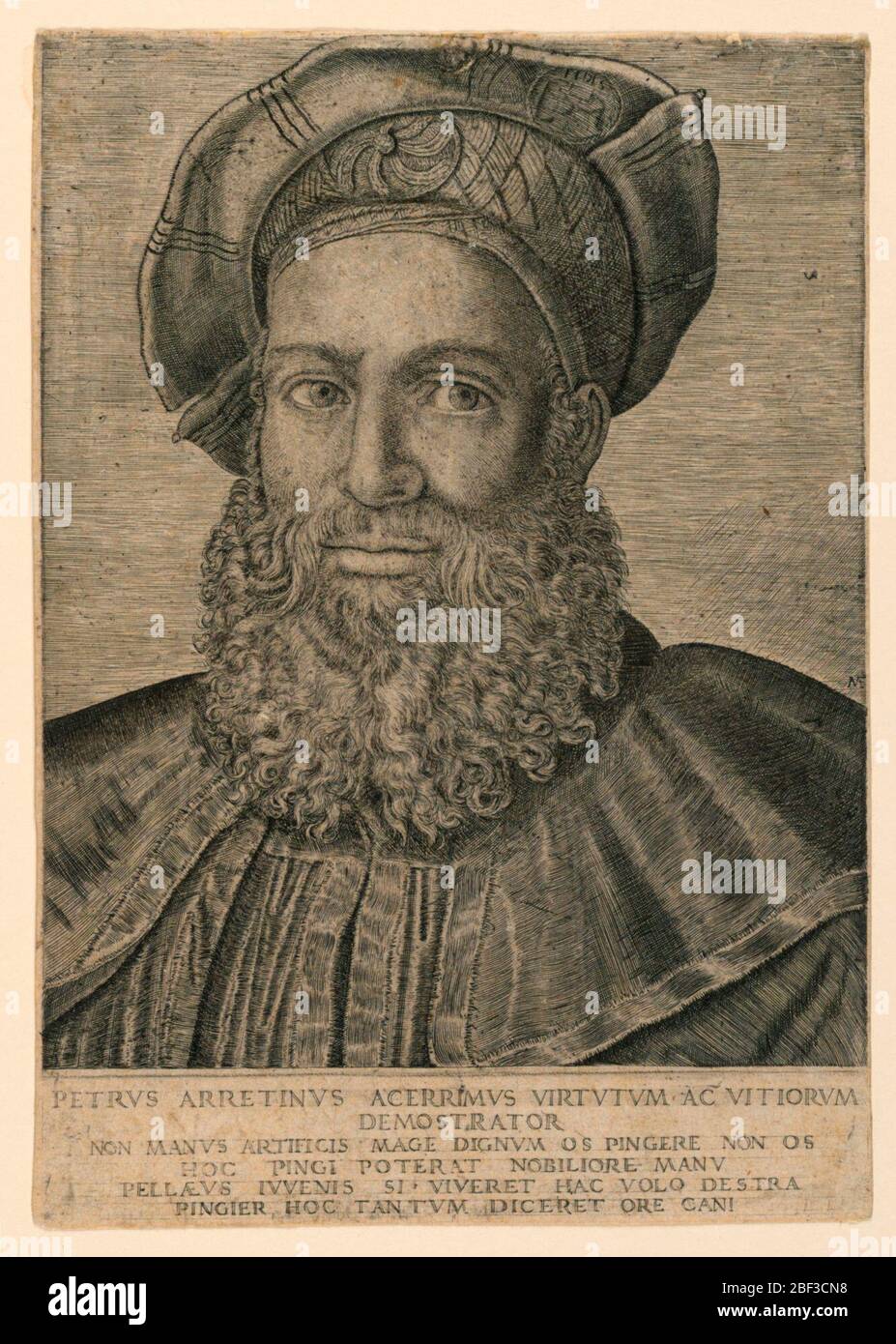 Ritratto di Pietro Aretino 14921556. Verticale lungo il busto, mostrato quasi a faccia intera, leggermente girato a sinistra. Indossa un cappello che è ribaltato sopra il suo orecchio destro. Foto Stock