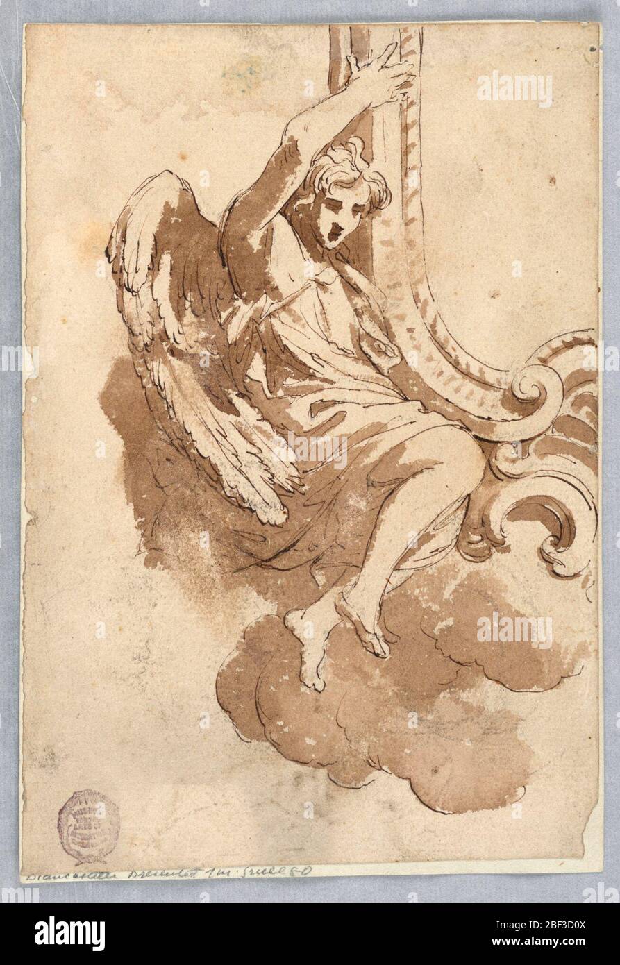 Progetto per una cornice. Un angelo è mostrato volare e sostenere con la sua mano destra sollevata un telaio a scorrimento. Le nuvole sono mostrate nella parte inferiore. Foto Stock