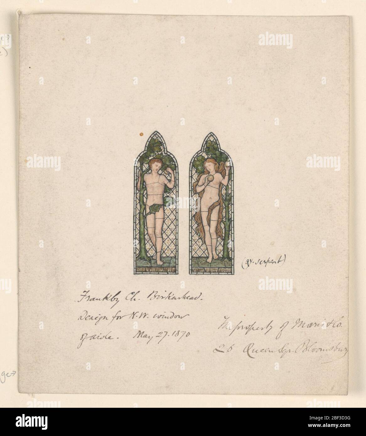 Adam and Eve Design for Stained Glass Window Frankby Church Birkenhead Cheshire England. Due pannelli di finestra che mostrano Adamo ed Eva contro gli alberi. Foto Stock