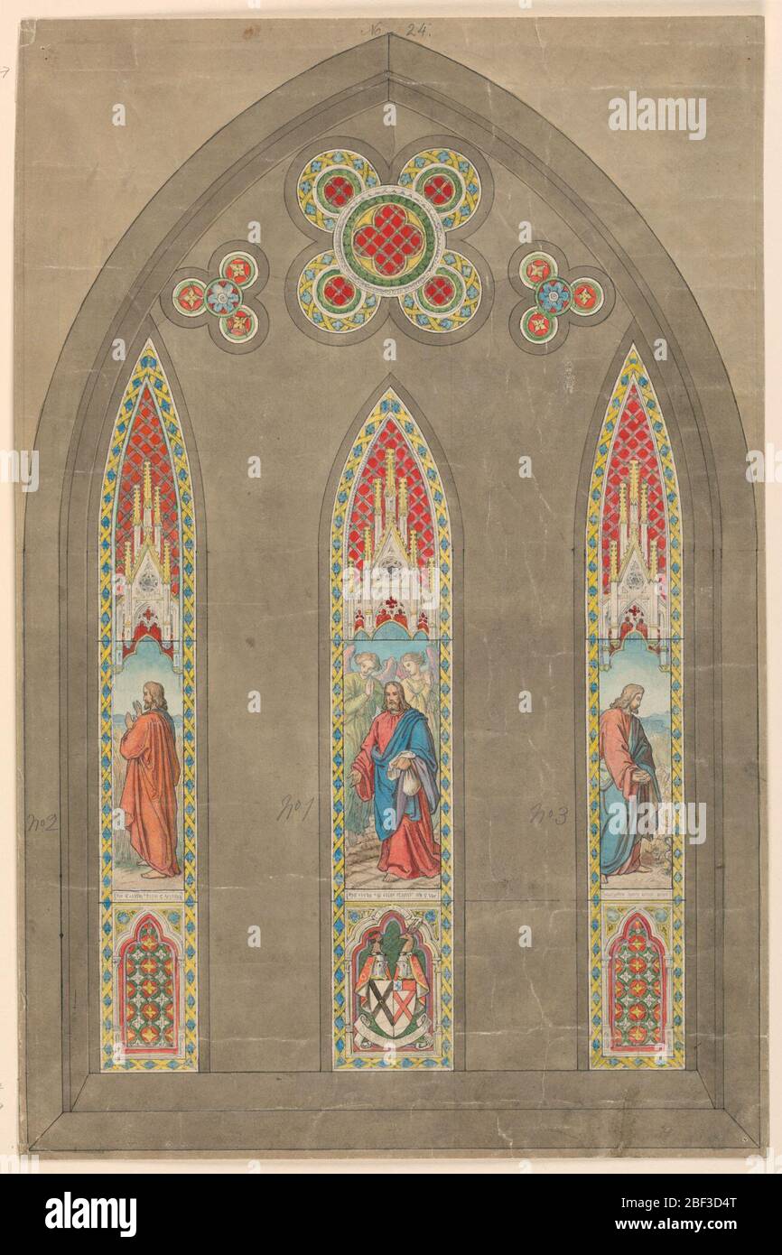 Design per vetrata. Tre pannelli verticali alti, con archi a punta, ciascuno contenente figure. Tre pannelli decorativi sopra. Figure a colori, con i restanti dettagli in grafite. Stemma di Graham Somervell sotto il pannello centrale. Foto Stock