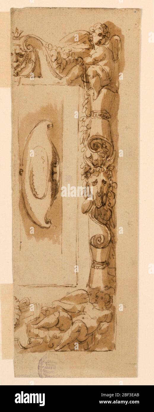 Telaio per una presa d'aria. La metà destra di un fotogramma mostra putti in alto a destra e la maschera di leone in alto al centro. Scorrollwork escutcheon al centro. Foto Stock