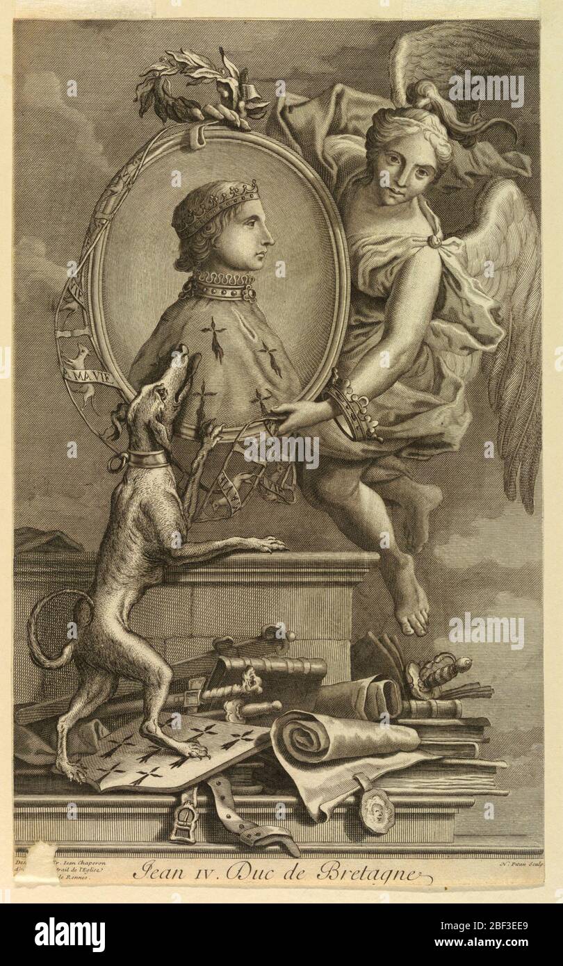 Ritratto di Jean IV Duca di Bretagne 12931345. Ritratto a busto in vista laterale, a destra, di un giovane che indossa una corona ducale e un mantello. Il ritratto ovale è tenuto da una dea alata (Vittoria). Sotto, un cane, scudo, armi, libri, ecc dopo un dipinto a Rennes dopo F. Jean Chaperon. Foto Stock