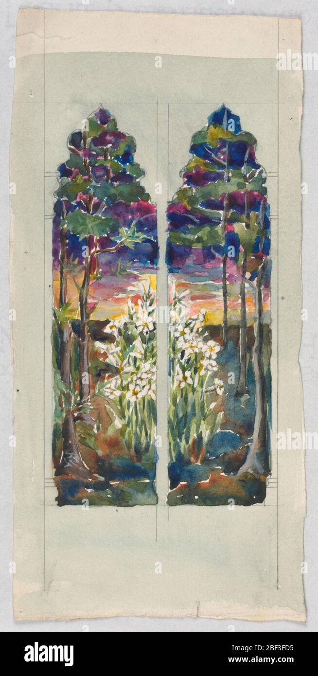 Design non finito per vetrata. Disegno di pannelli bipartiti di un paesaggio con tramonto colorato sullo sfondo, e gigli di calla bianca al centro fiancheggiato da alberi. Foto Stock