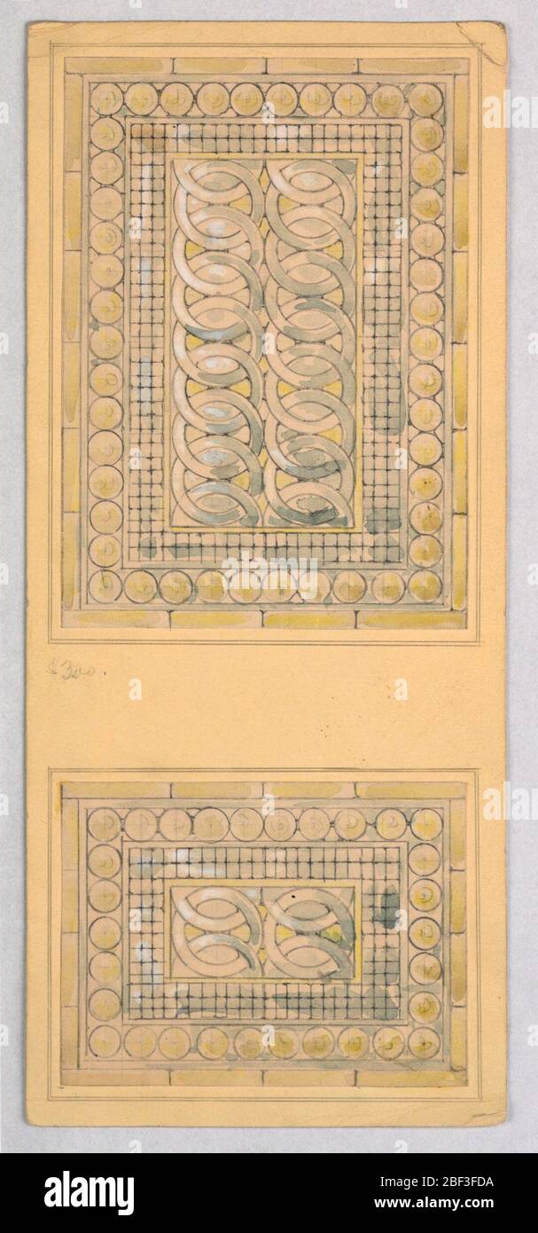 Due progetti per finestre in vetro colorato. Finestra rettangolare; bordi di cerchi, griglie e cerchi sovrapposti e collegati. Sotto, lo stesso ma più piccolo. Foto Stock