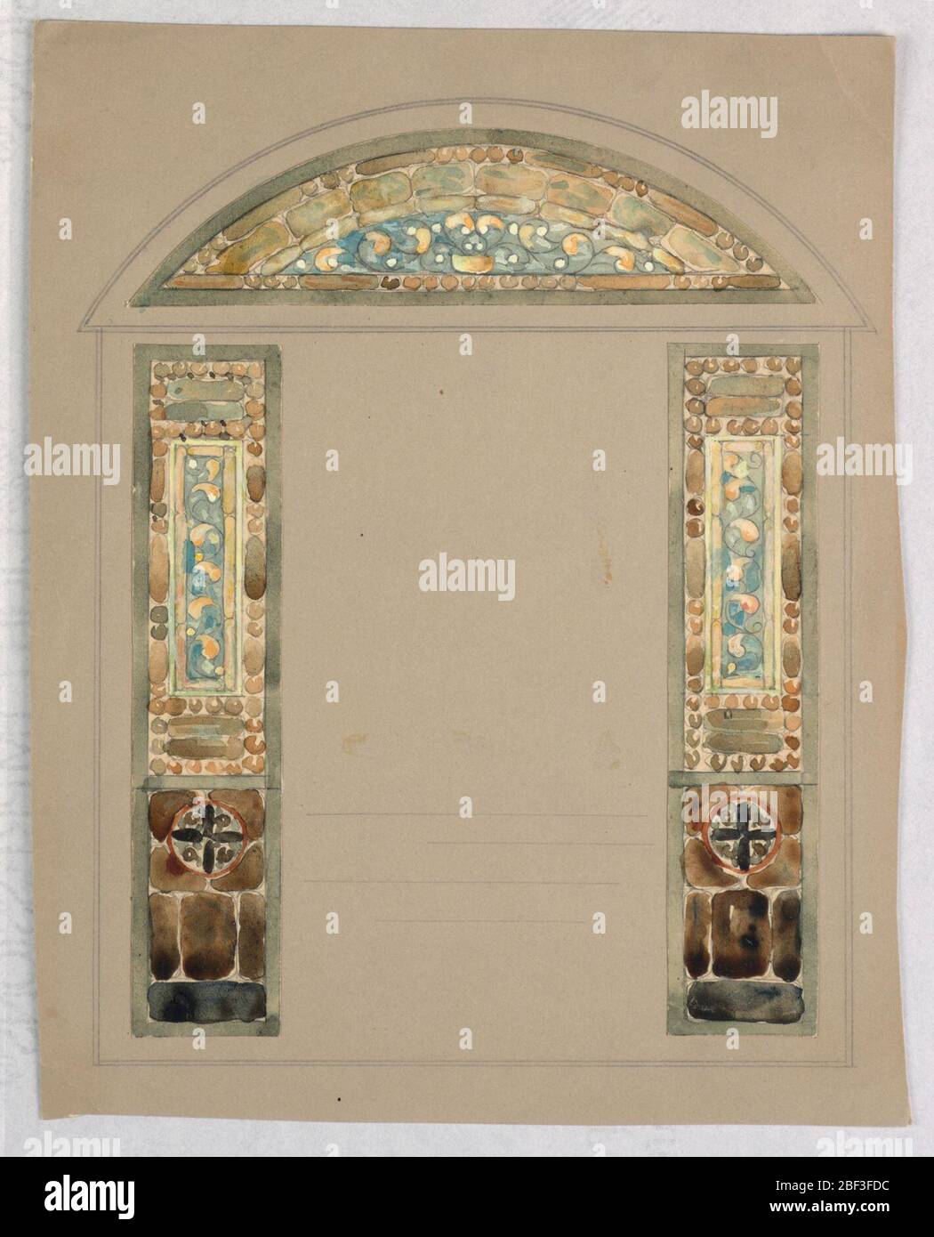 Design per vetro colorato. Disegno di due rettangoli verticali (pali) sormontati da una lunetta (semicerchio). Sono tutte dipinte in chartreuse, gialle e azzurre. I due pali hanno un disegno aggiuntivo nella terza parte inferiore in marrone scuro con una croce all'interno di un cerchio. Foto Stock