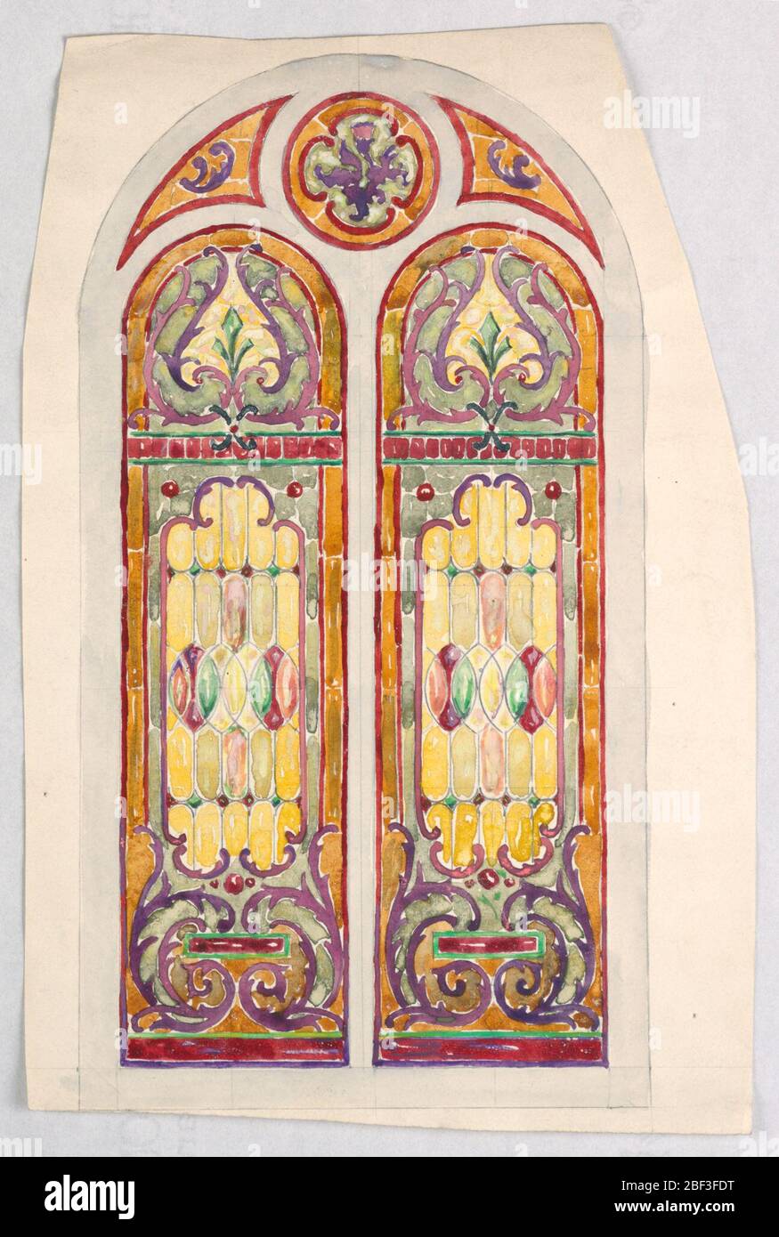 Design per vetro colorato. Disegno di finestre ad arco con pannelli separati, tutti incorniciati da verde-giallo e rosso; due pannelli verticali disegni identici di nautilus modello in blu e rosa, sovrapponendo file di mandorlas verde-giallo e rosa, con C-scrolls blu sotto. Foto Stock