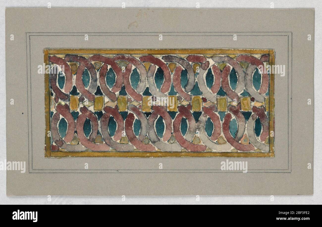 Design per vetro colorato. Design rettangolare; cerchi collegati in viola su blu; quadrati gialli che dividono due file. Foto Stock