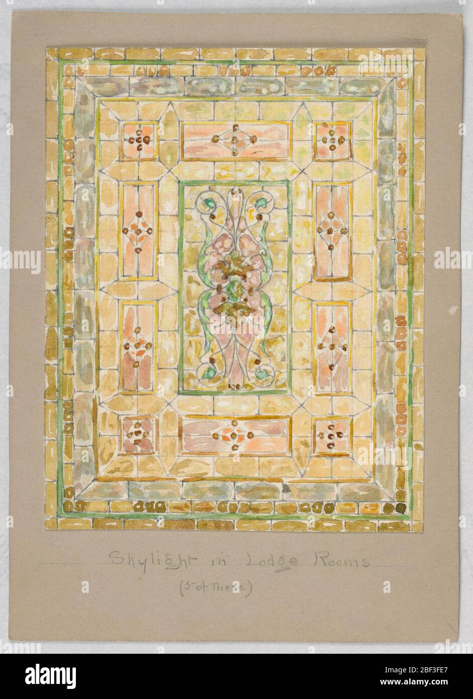 Design per vetro colorato. Finestra rettangolare di colore blu, giallo e rosa con petali centrali rosa. Foto Stock