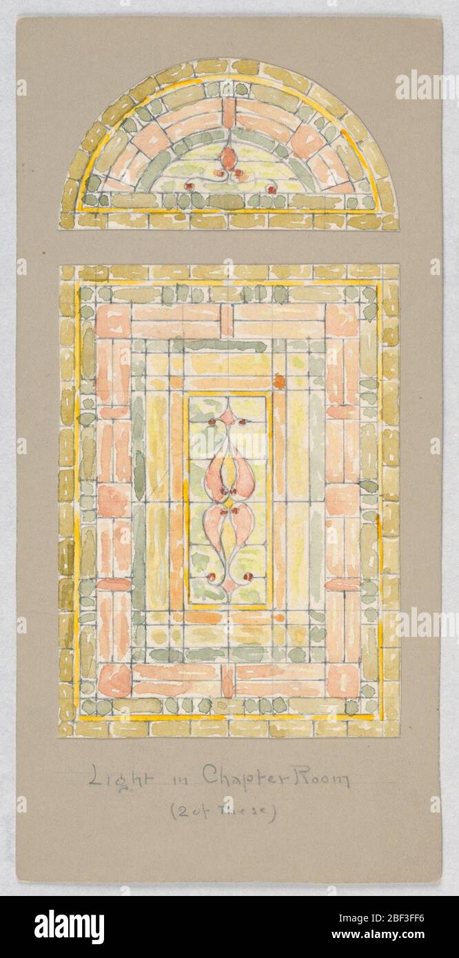 Design per la finestra di vetro colorato luce in sala capitolare Carnegie Hall New York NY. Finestra rettangolare di vetro blu e giallo con petali centrali in rosa; sopra, una finestra lunette con decorazione simile. Foto Stock