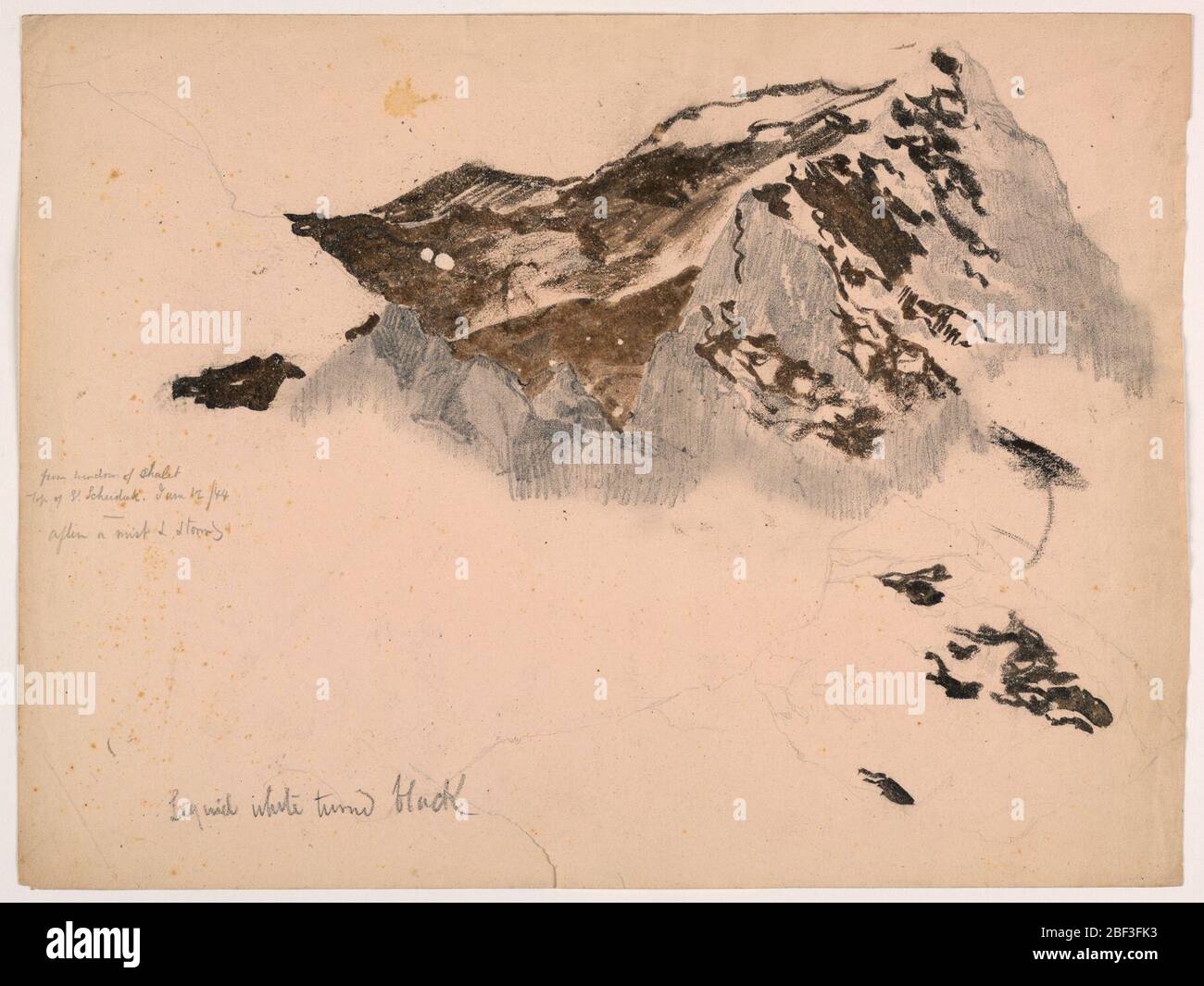 Dalla finestra di Chalet cima del Monte Scheidegg dopo un nebbia e tempesta. Schizzo incompiuto di una cima di montagna. Ombreggiatura a matita, con la neve di colore marrone scuro. Foto Stock