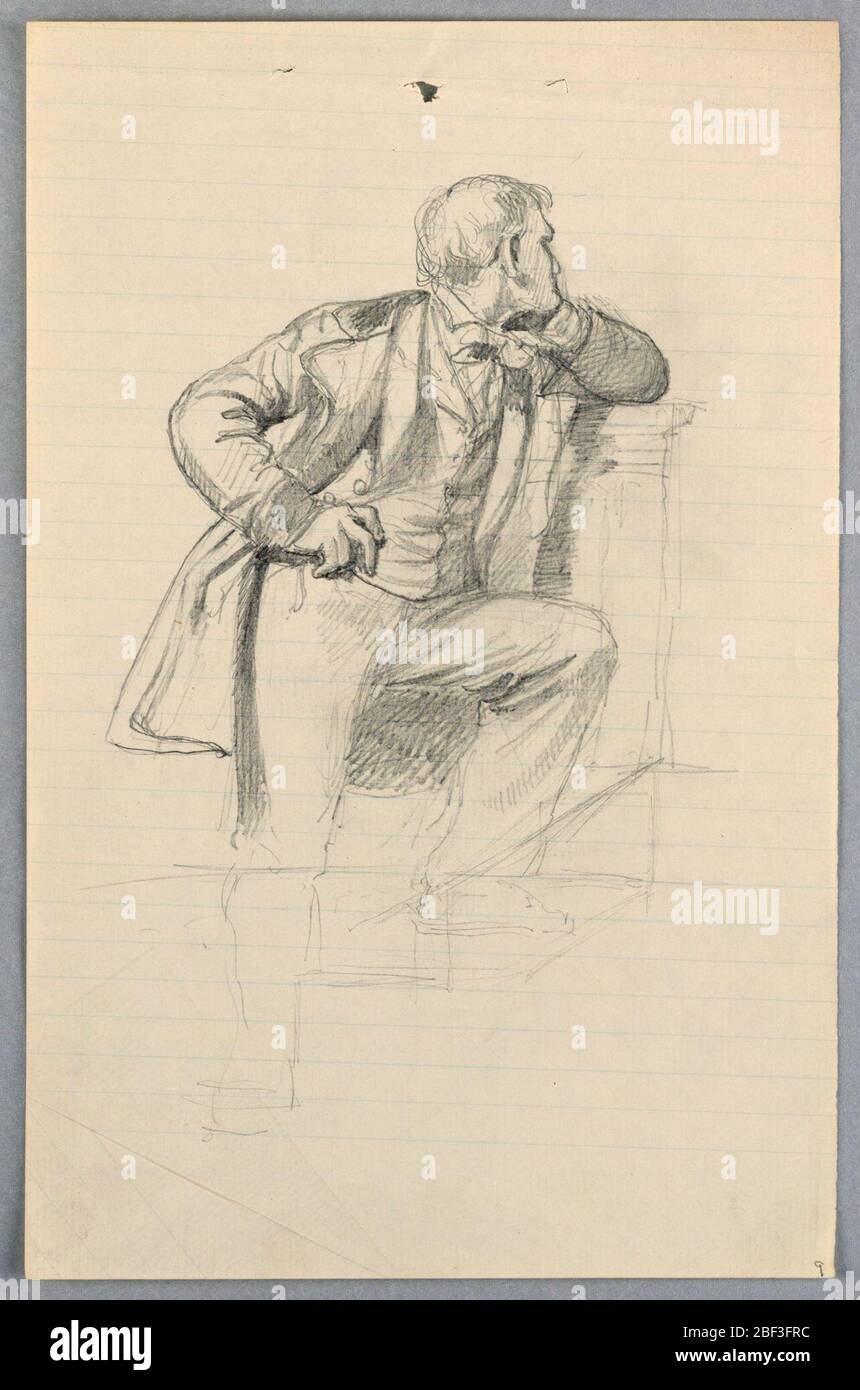 Studio per il gruppo scientifico. Uomo in piedi su scale a una ringhiera o leggio, il suo mento sulla mano sinistra e la sua mano destra alla sua anca. Si trova di fronte a destra. Foto Stock