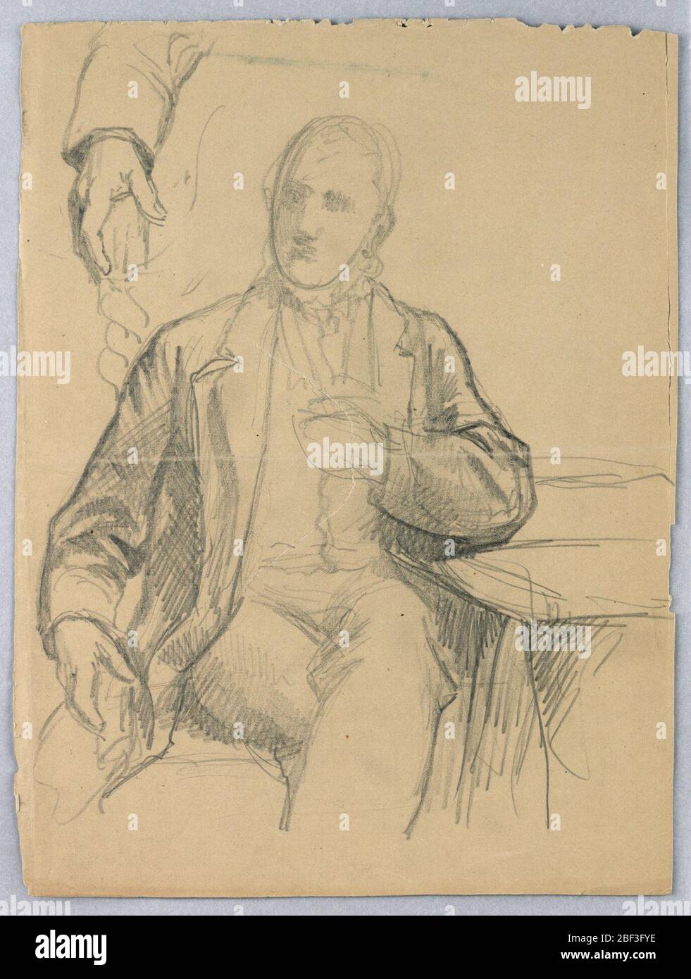 Disegno di uomo seduto in poltrona. Uomo seduto in una poltrona, rivolto frontalmente, le gambe incrociate. La sua mano destra ripeté, in alto a sinistra. Il gomito sinistro su un tavolo e la mano sinistra sul petto. Foto Stock