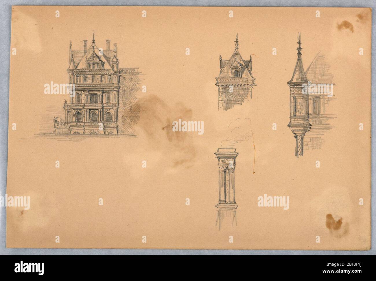 Studi architettonici. Sinistra, davanti di casa grande; destra; torretta su un angolo; centro inferiore, camino; centro superiore, cima di edificio o torre. Foto Stock