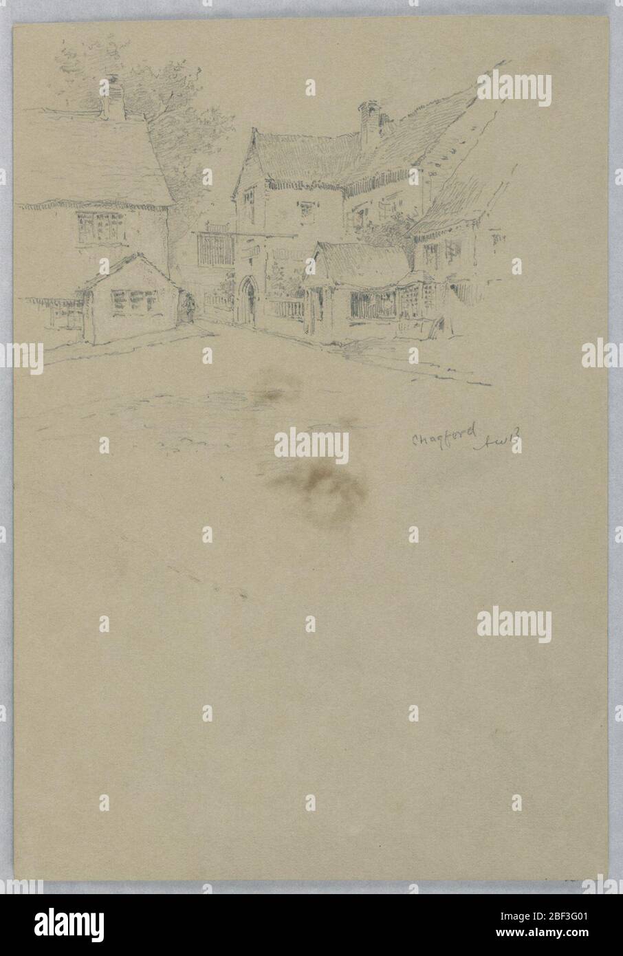 Chagford. Vialetto che conduce ad un grande cottage, in alto sfondo. Tre cottage a destra, uno a sinistra. Foto Stock