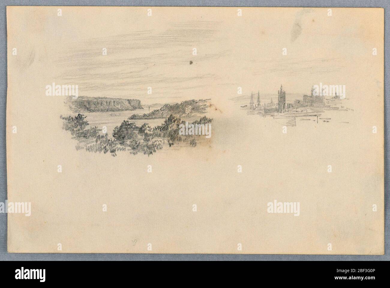 Due viste panoramiche e skyline della città. Sinistra, fiume che corre tra le scogliere, vegetazione in primo piano. Proprio, lo skyline della città. Foto Stock