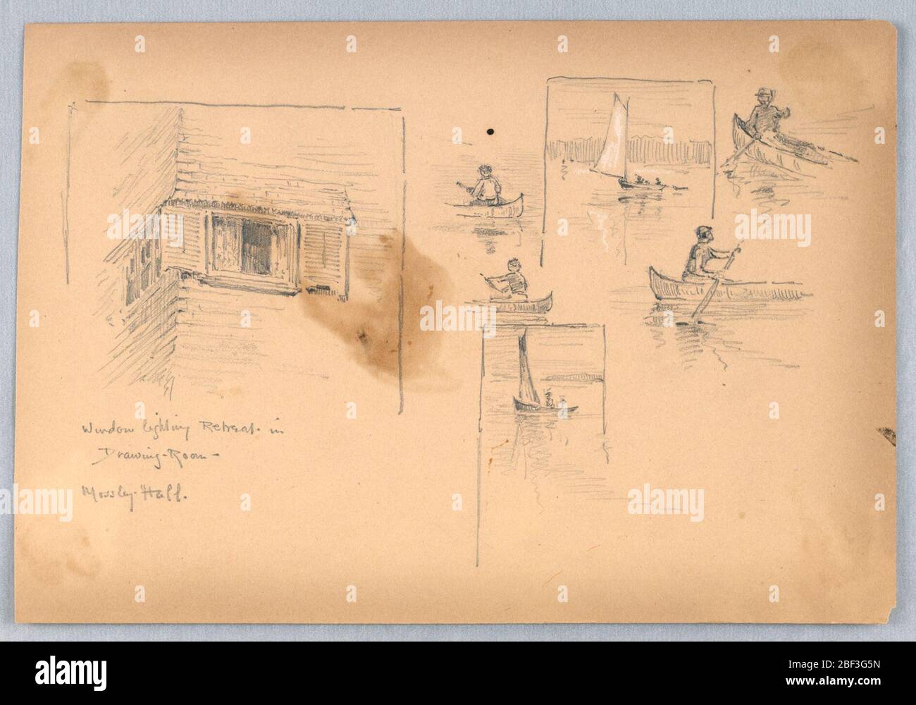 Schizzo di persone Canoismo e finestra. A sinistra, angolo di casa, finestra in Mossley Hall. A destra, schizzi di persone canoa e vela, Foto Stock