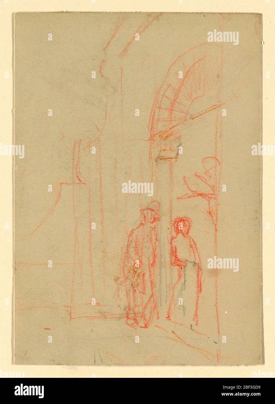 Disegnare su un punto di iniezione. Rettangolo del vertico. Due persone, che si trovano rispettivamente all'esterno e all'interno di una porta oblio, ascoltano apparentemente ciò che un uomo barbuto legge loro. Sembra guardare fuori dalla finestra. Foto Stock