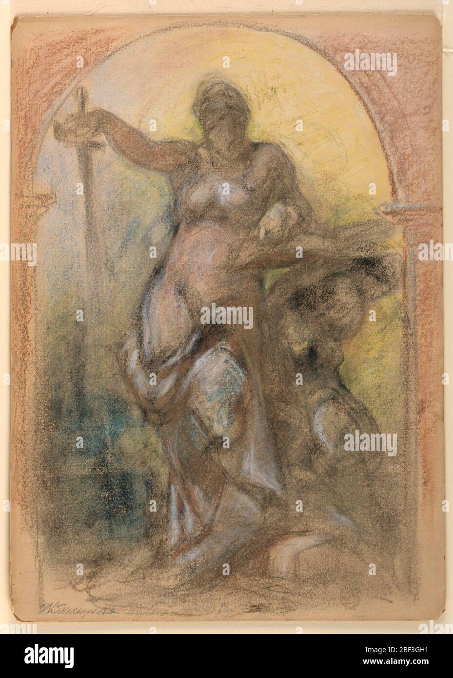 Design per una decorazione a parete. Una donna è mostrata dalla parte anteriore, in piedi e appoggiata con il suo braccio sinistro su un libro, che si trova su una scrivania di lettura scultorea. Foto Stock