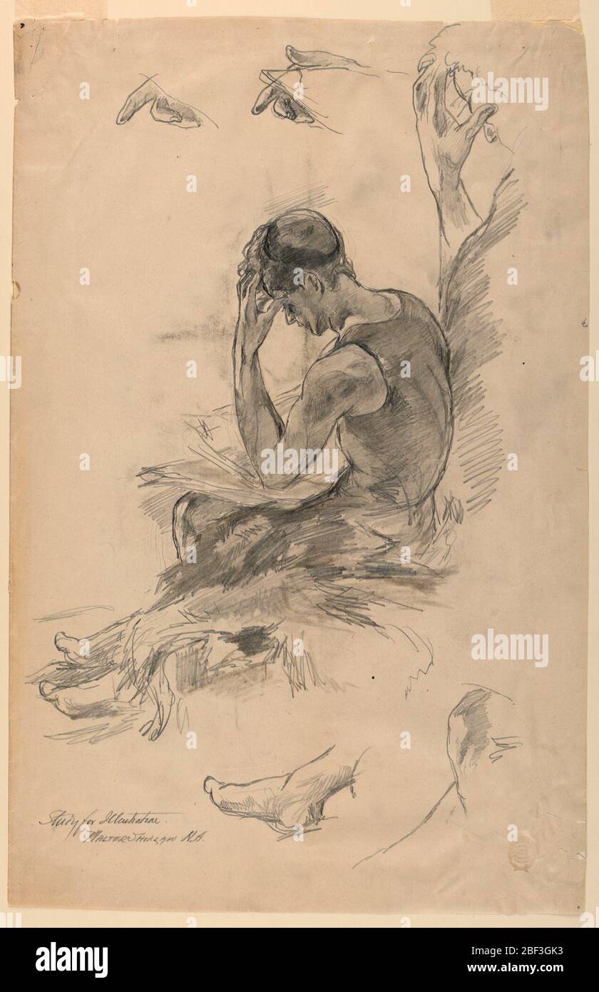 Studio per illustrazione. Un uomo in costume da bagno è mostrato nel profilo, seduta e lettura. La testa si appoggia sulla mano sinistra. Studi separati sopra e sotto: Due per le dita della mano destra, tre per il piede destro e uno per il ginocchio sinistro. Foto Stock
