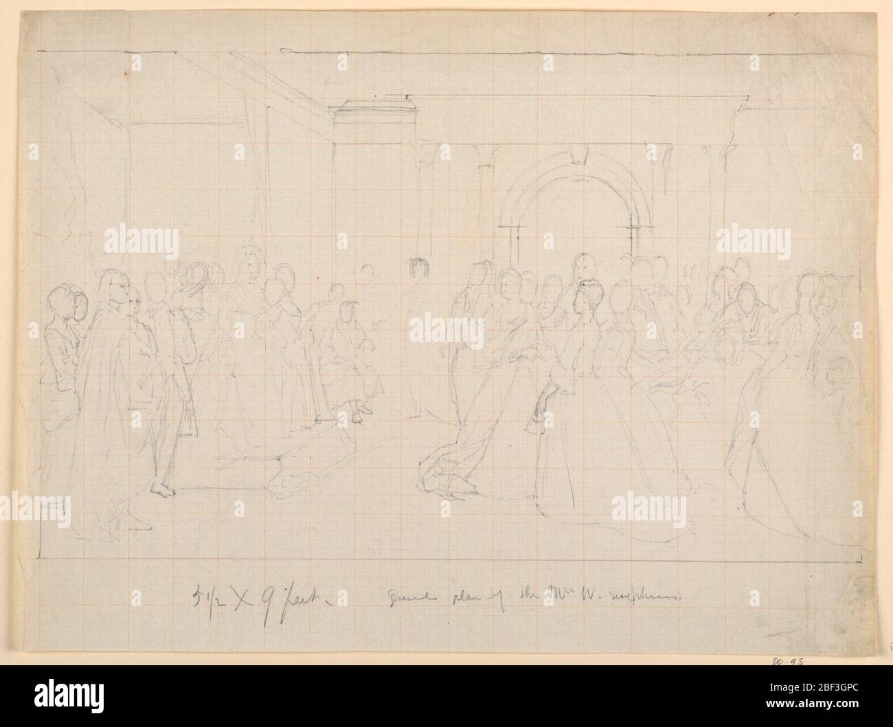 Piano generale per la Giornata di accoglienza della Corte Repubblicana Lady Washingtons. Disegno su carta per grafici della disposizione generale delle figure per un dipinto dell'accoglienza di Martha Washington. La signora Washington è in un dias, a sinistra, come le figure si avvicinano da destra. Foto Stock