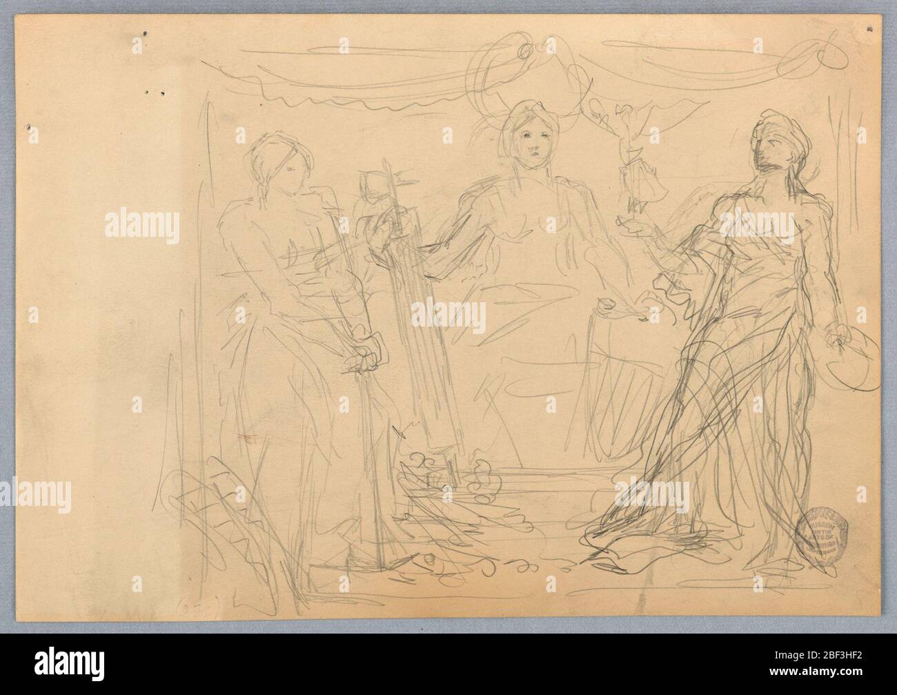 Figure simboliche. Figura femmina seduta, al centro. Figure in piedi a entrambi i lati di lei. Foto Stock