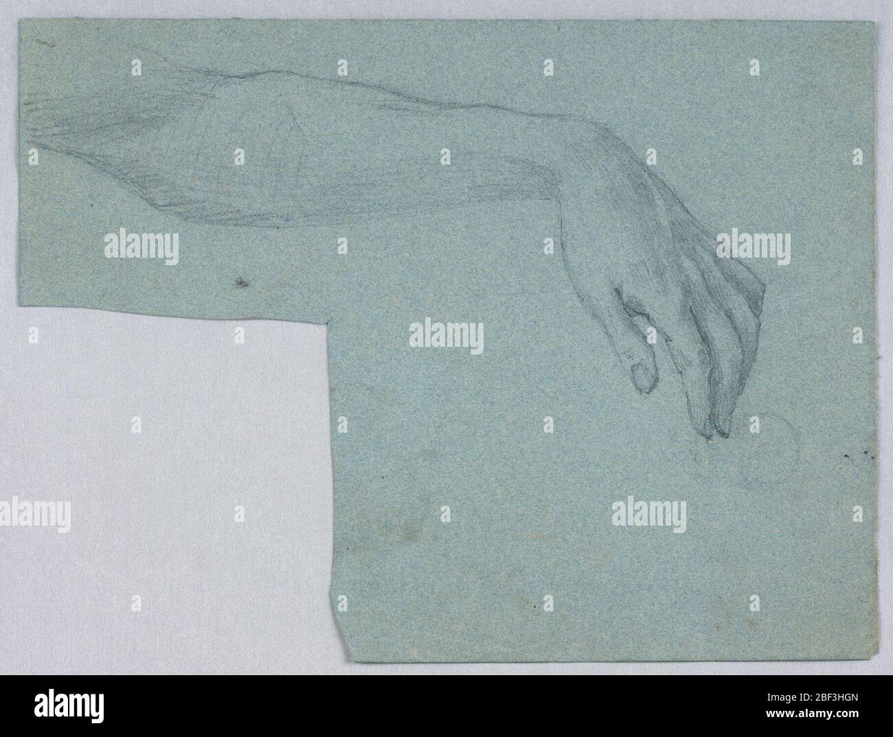 Studio della mano sinistra. Studio dal modello. Mano sinistra di una donna. Mostrato nel profilo dal pollice, appeso. Il braccio è mostrato orizzontalmente oltre il gomito. Foto Stock