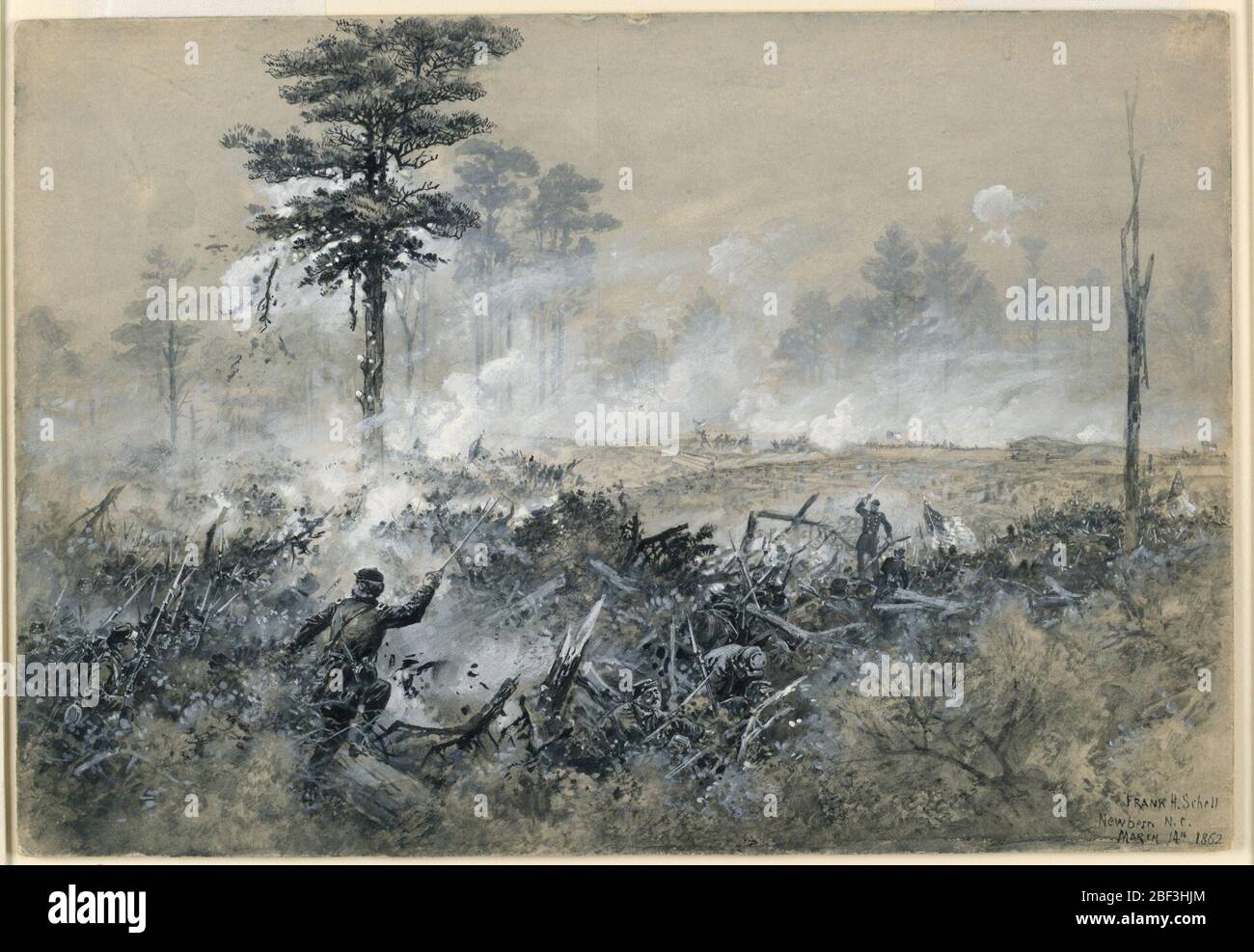 Assalto delle truppe dell'Unione su Fort Thompson vicino a New Bearne. L'esercito dell'Unione sta facendo l'assalto a Fort Thompson. L'esercito è in primo piano, e il fumo sta schermando gli alberi sullo sfondo. Foto Stock
