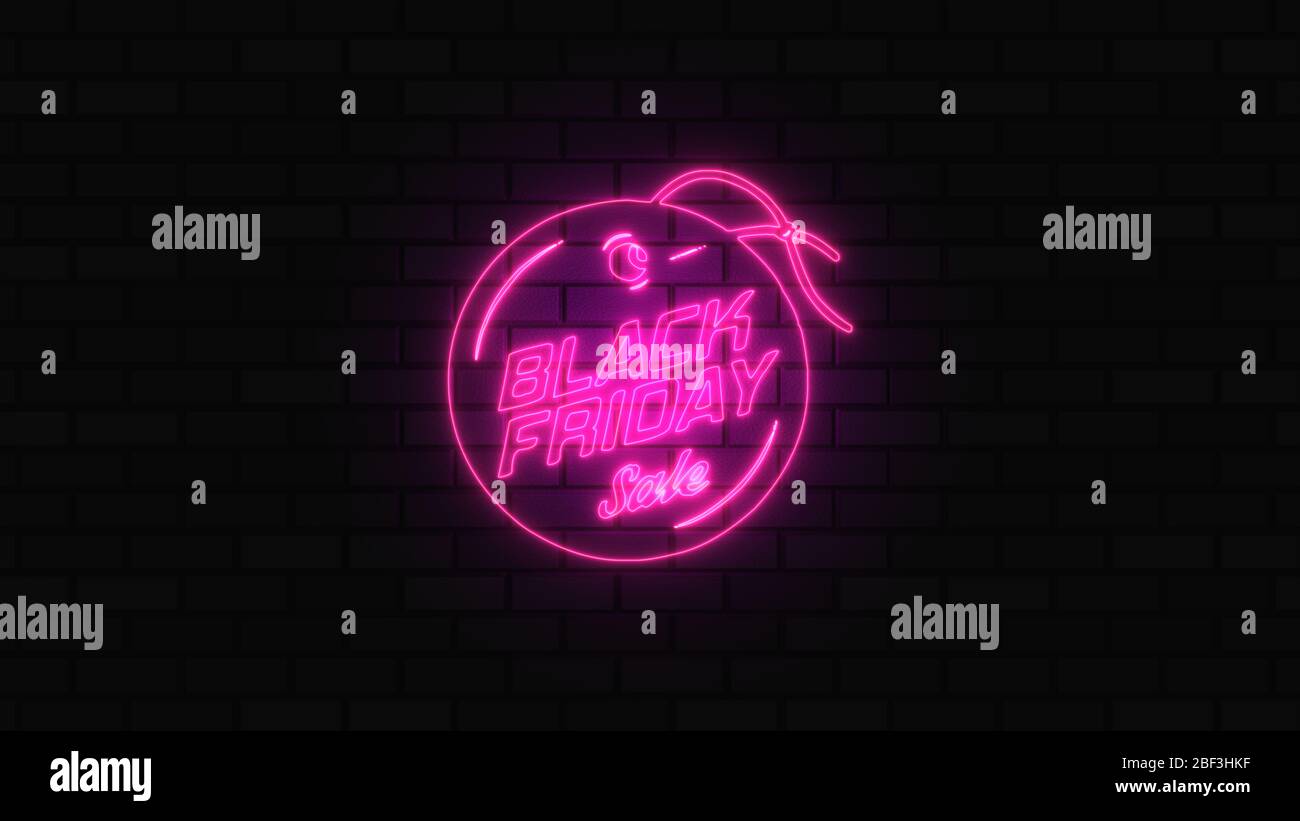 Black Friday vendita off neon segno luce fluorescente che si illumina su sfondo banner, vendita off da luci neon cartello di notte Foto Stock