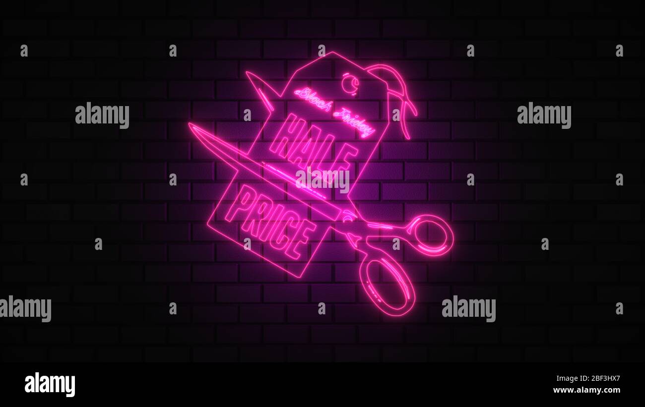 Black Friday vendita off neon segno luce fluorescente che si illumina su sfondo banner, vendita off da luci neon cartello di notte Foto Stock