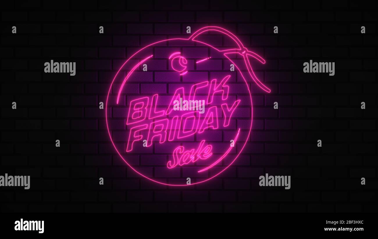Black Friday vendita off neon segno luce fluorescente che si illumina su sfondo banner, vendita off da luci neon cartello di notte Foto Stock