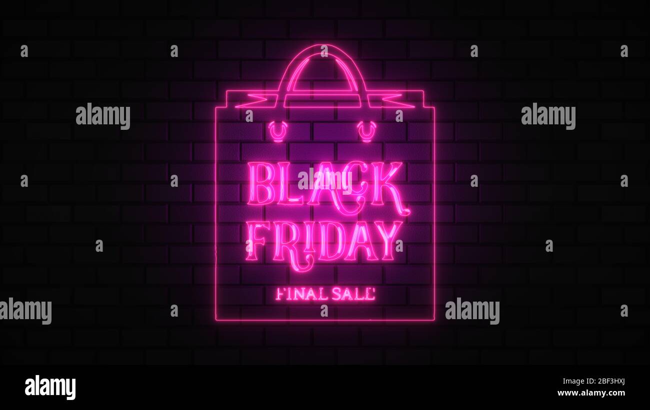 Black Friday vendita off neon segno luce fluorescente che si illumina su sfondo banner, vendita off da luci neon cartello di notte Foto Stock