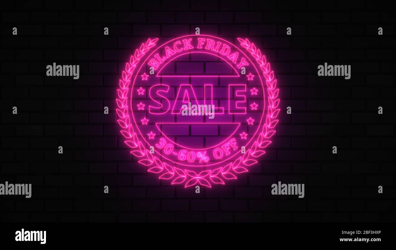 Black Friday vendita off neon segno luce fluorescente che si illumina su sfondo banner, vendita off da luci neon cartello di notte Foto Stock