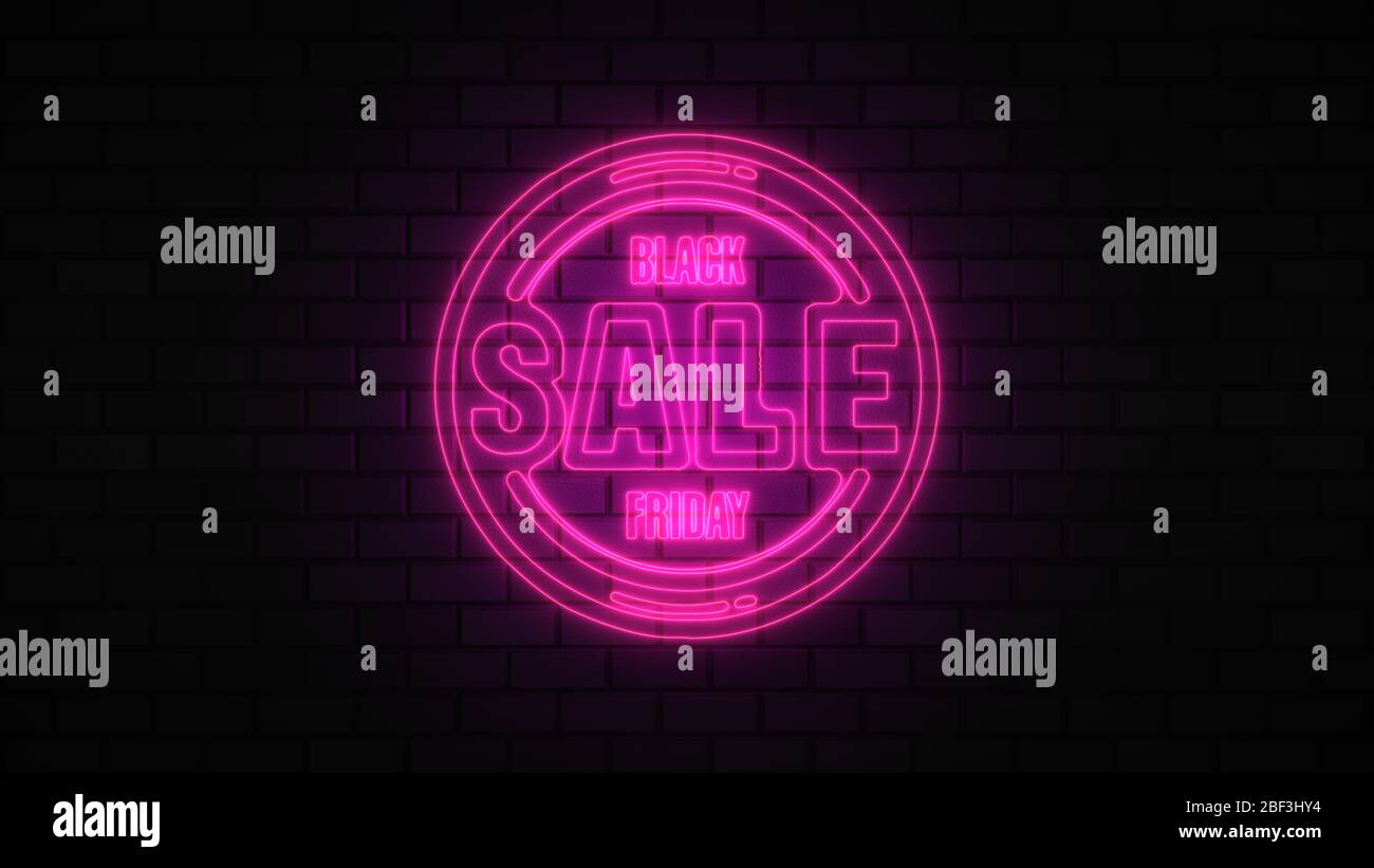 Black Friday vendita off neon segno luce fluorescente che si illumina su sfondo banner, vendita off da luci neon cartello di notte Foto Stock