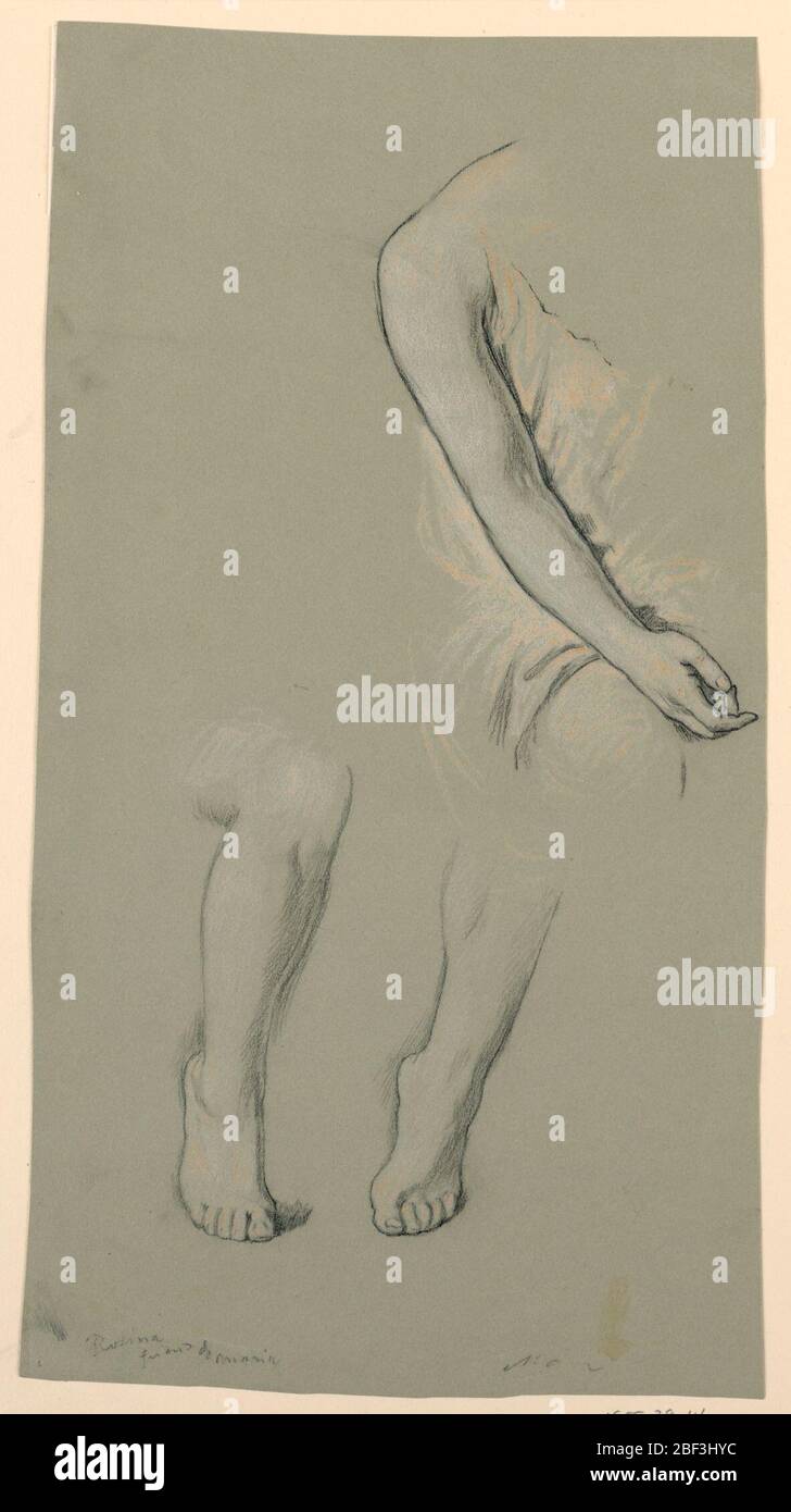 Studio di un modello. Tre schemi di figura femminile; sopra, dettaglio di un braccio destro piegato; sotto, dettagli di gambe sinistra e destra. Foto Stock