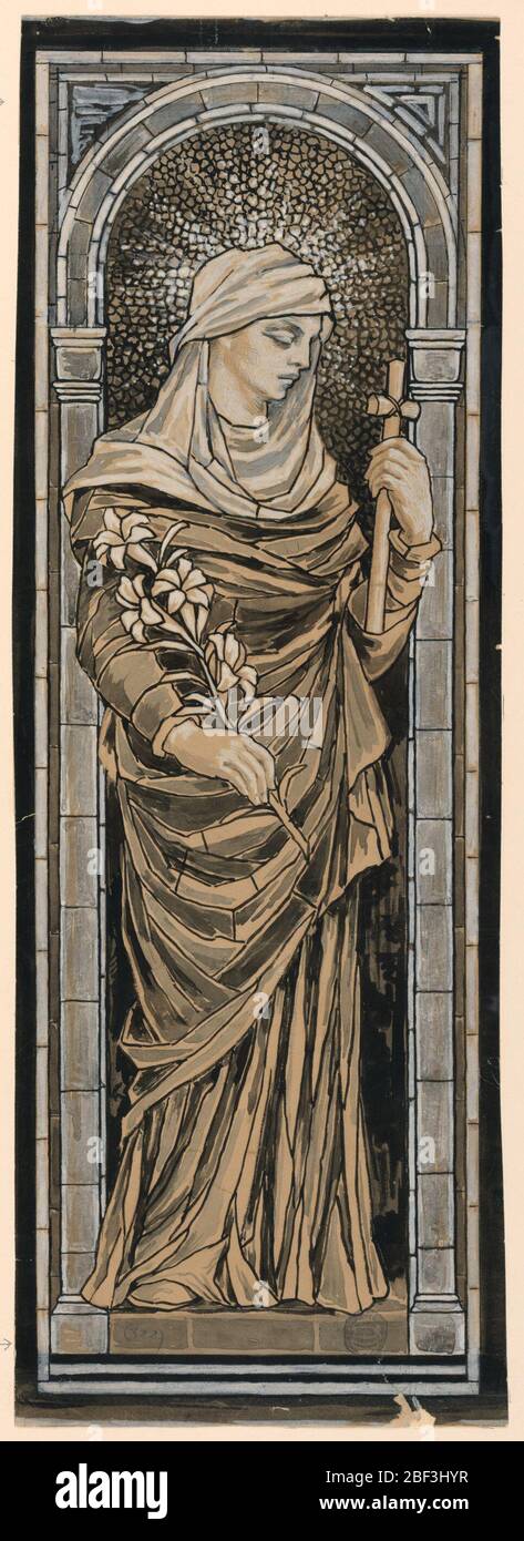 Studio per la finestra del memoriale di Goddard in St Johns Church Providence Rhode Island. Due figure in un arco. Un personaggio maschile si inginocchia, tenendo una compressa. Un angelo si erge sopra, tenendo una corona sopra la testa della figura inginocchiata. Foto Stock