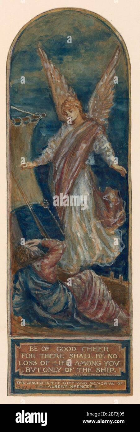 Design per una vetrina commemorativa per Albert Spencer. Un lungo pannello con parte superiore arcuata. San Paolo si trova sul ponte di una nave; davanti a lui appare un angelo. Foto Stock