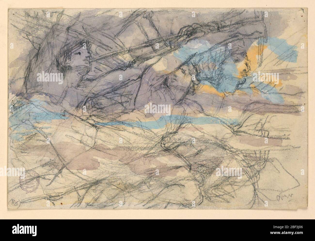 Schizzi per due Angeli e la fede. Tre angeli che volano verso destra, due dei quali suonano trombe. Verso: Tre diverse pose per la fede seduti sulle nuvole. Tiene una croce nel braccio destro nel disegno di contorno a sinistra. Foto Stock